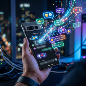 Smartphone showing messaging app with floating chat bubbles and data sync icons