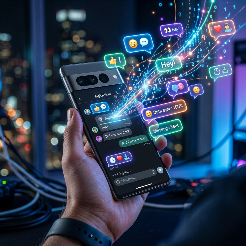 Smartphone showing messaging app with floating chat bubbles and data sync icons